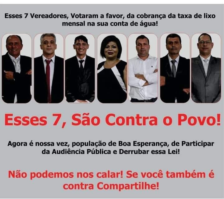 Esses vereadores por alguma razão votaram a favor da taxa do lixo, por isso avalie bem antes de reelegê-los, pode ser que eles estão contra você ou até mesmo tem uma razão muito forte para sobre taxar, igualmente o 